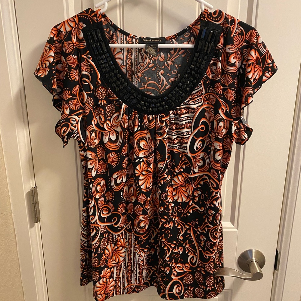 Susan Lawrence M Top Stretch Black Orange Beaded Blouse Short Sleeve Shirt Med